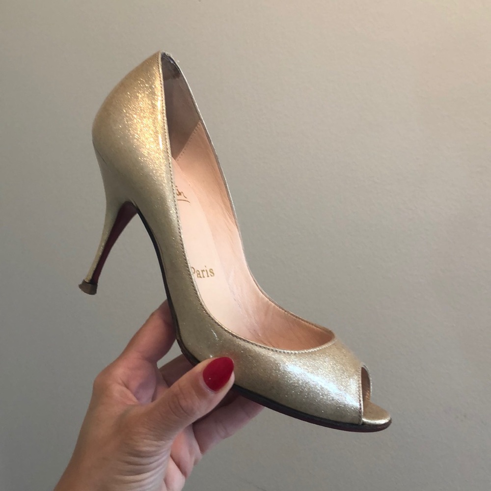 Louboutin Champagne Gold Sparkle Patent Peep Pumps